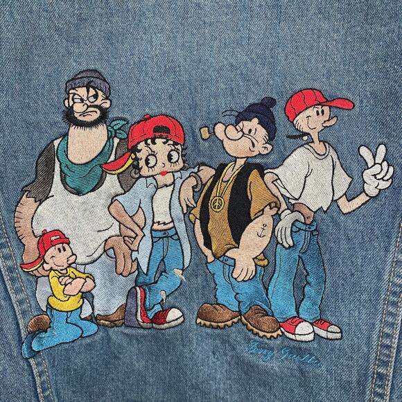 VINTAGE 90's  "TOO CUTE" GUETTA BROS POPEYE DENIM JACKET UNISEX - Picture 2 of 10